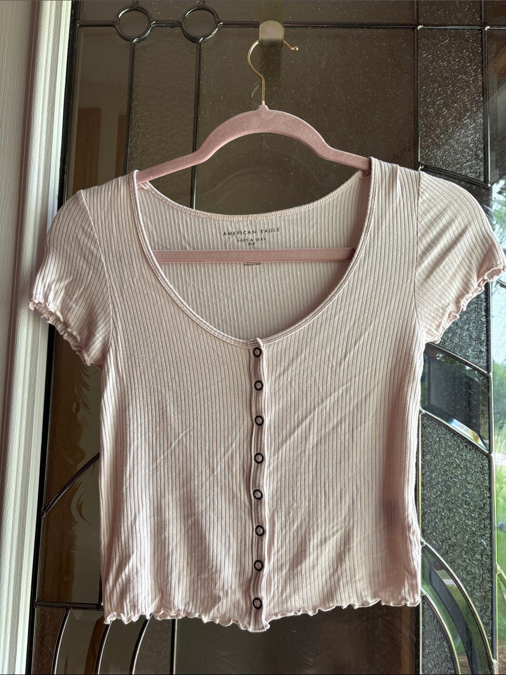 American Eagle Outfitters Light Pink Ribbed Button-Front Crop Top